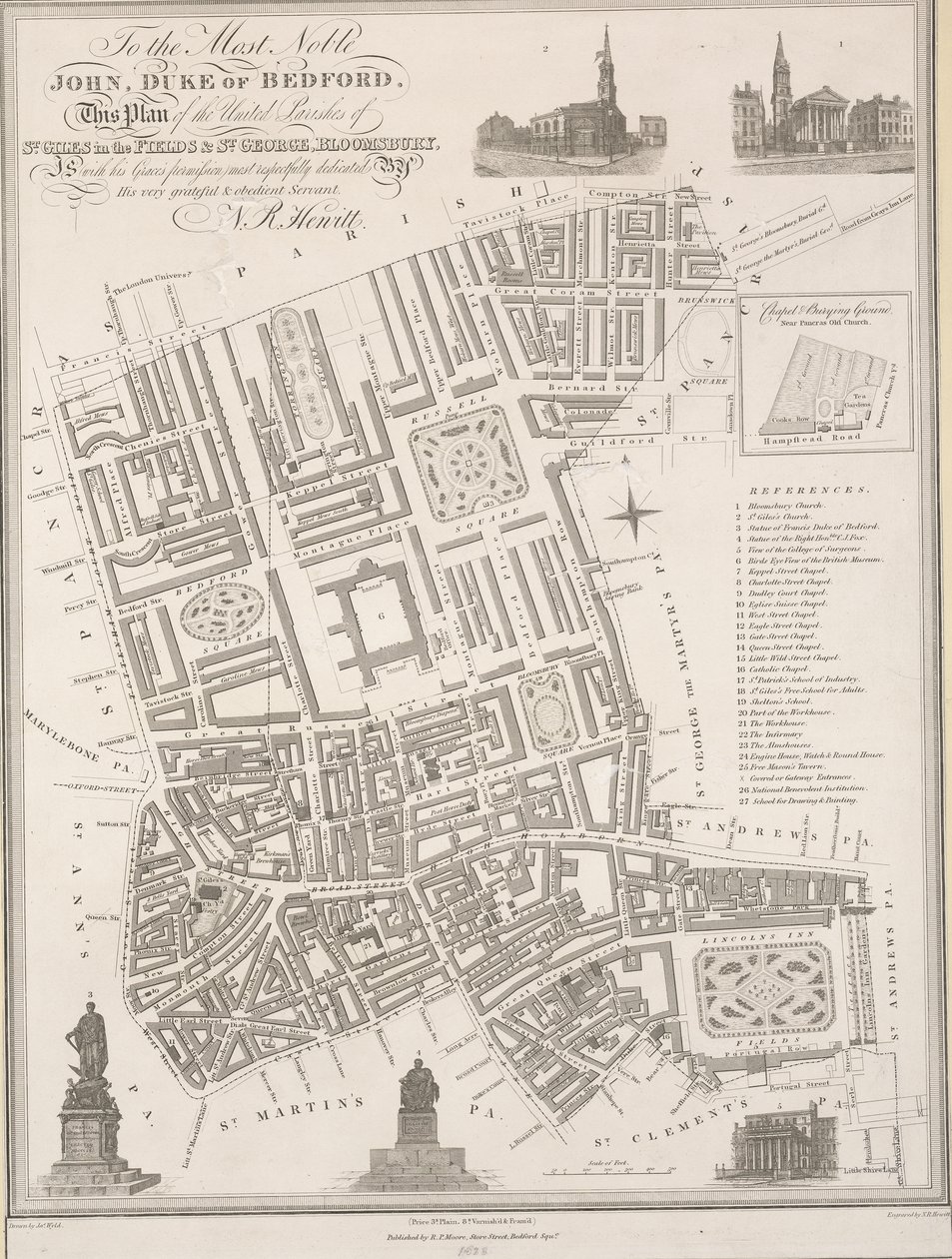 A legnemesebb Jánosnak, Bedford hercegének. A Bloomsbury-i Szent Giles in the Fields és Szent György egyesített plébániáinak terve. alkotó: James the Elder Wyld