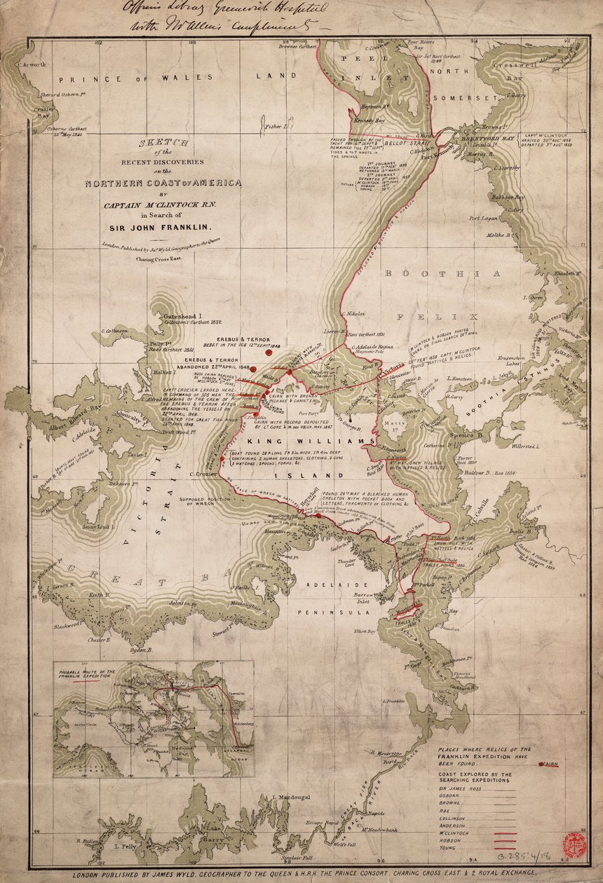 McClintock kapitány által Amerika északi partjainál Sir John Franklin nyomában tett felfedezések vázlata, 1859 körül (színes metszet) alkotó: James the Younger Wyld