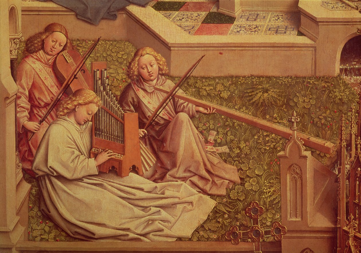 A kegyelem kútja, három angyal-zenész részlete alkotó: Jan van Eyck