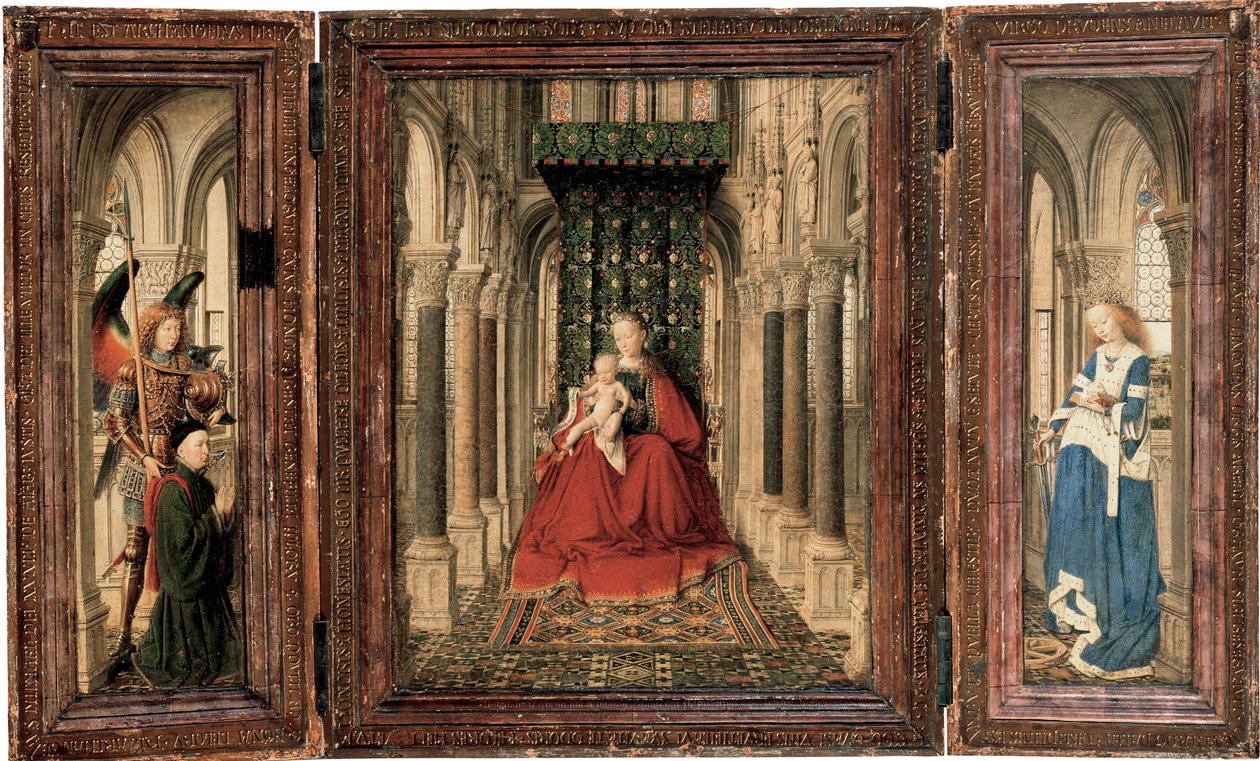 Mária és gyermek, Szent Mihály és Katalin hármas triptichonja alkotó: Jan van Eyck
