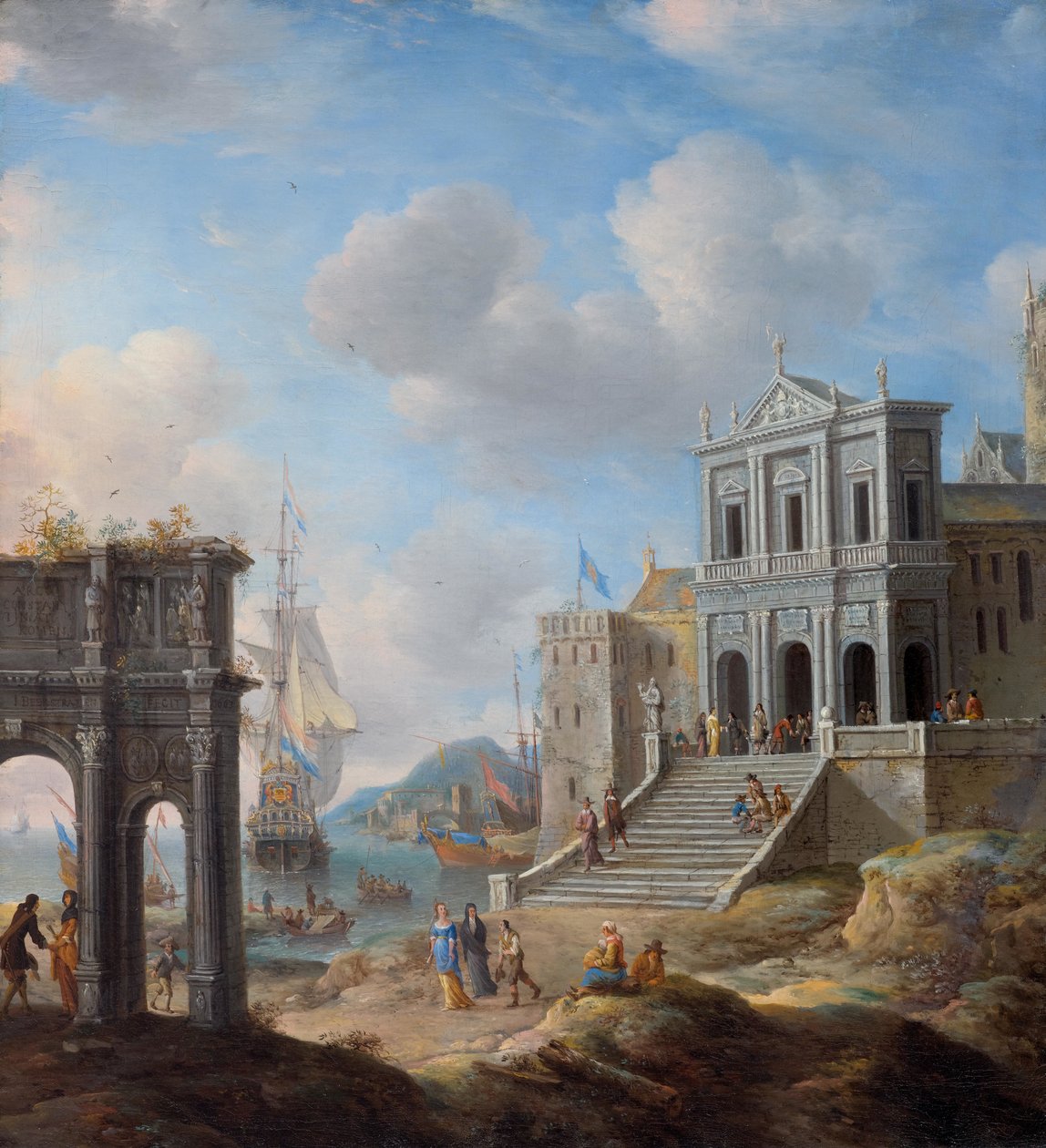 Capriccio a Konstantin -ívvel és a San Gregorio Magno al Celio templommal egy kikötő mellett alkotó: Jan Abrahamsz. Beerstraten