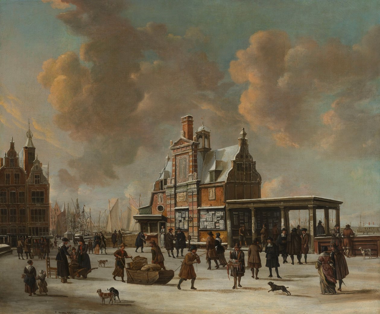A Paalhuis és a Nieuwe Brug Amszterdamban télen alkotó: Jan Abrahamsz. Beerstraten