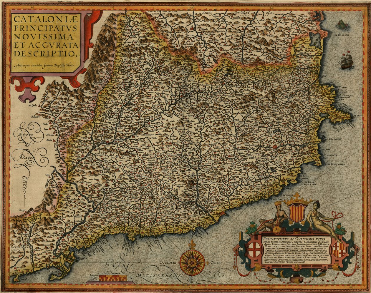 Katalónia térképe Katalónia utolsó és pontos leírása címmel, amelyet Antwerpenben nyomtatott 1608 -ban Jan Baptist Vrients alkotó: Jan Baptist Vrients