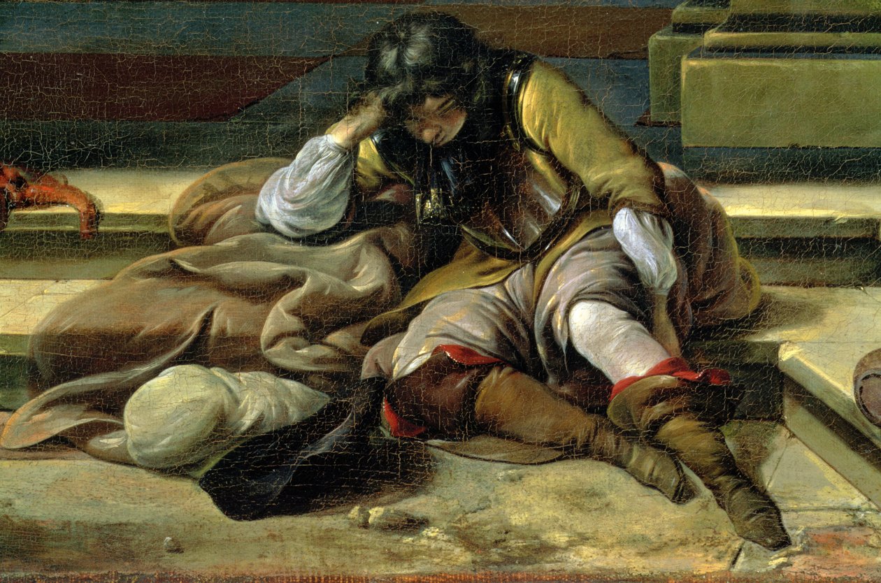 Olasz kikötői jelenet, egy alvó katona részlete alkotó: Jan Baptist Weenix