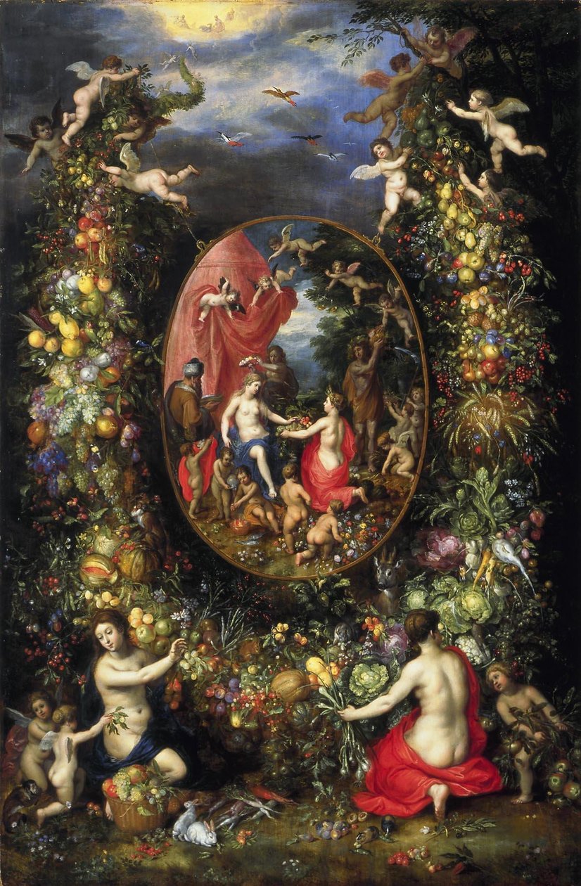 Gyümölcs- és virágkoszorú a mezőgazdaság allegóriája körül alkotó: Jan the Elder Brueghel