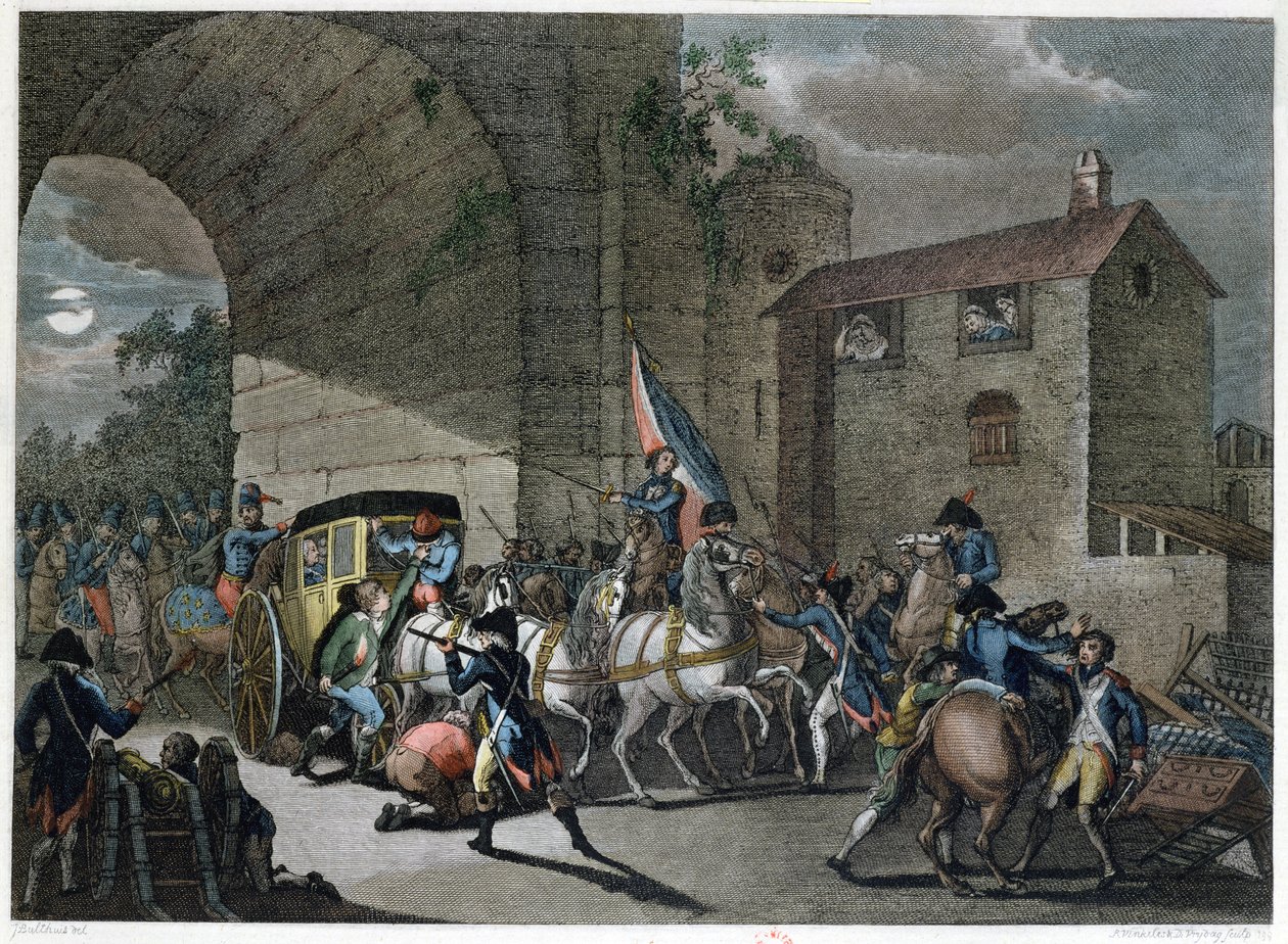 XVI. Lajos (1754-93) letartóztatása Varennes-ben, 1791. június 22., metszett Reinier Vinkeles (1741-1816) és Daniel Friday (1765-1822) alkotó: Jan Bulthuis