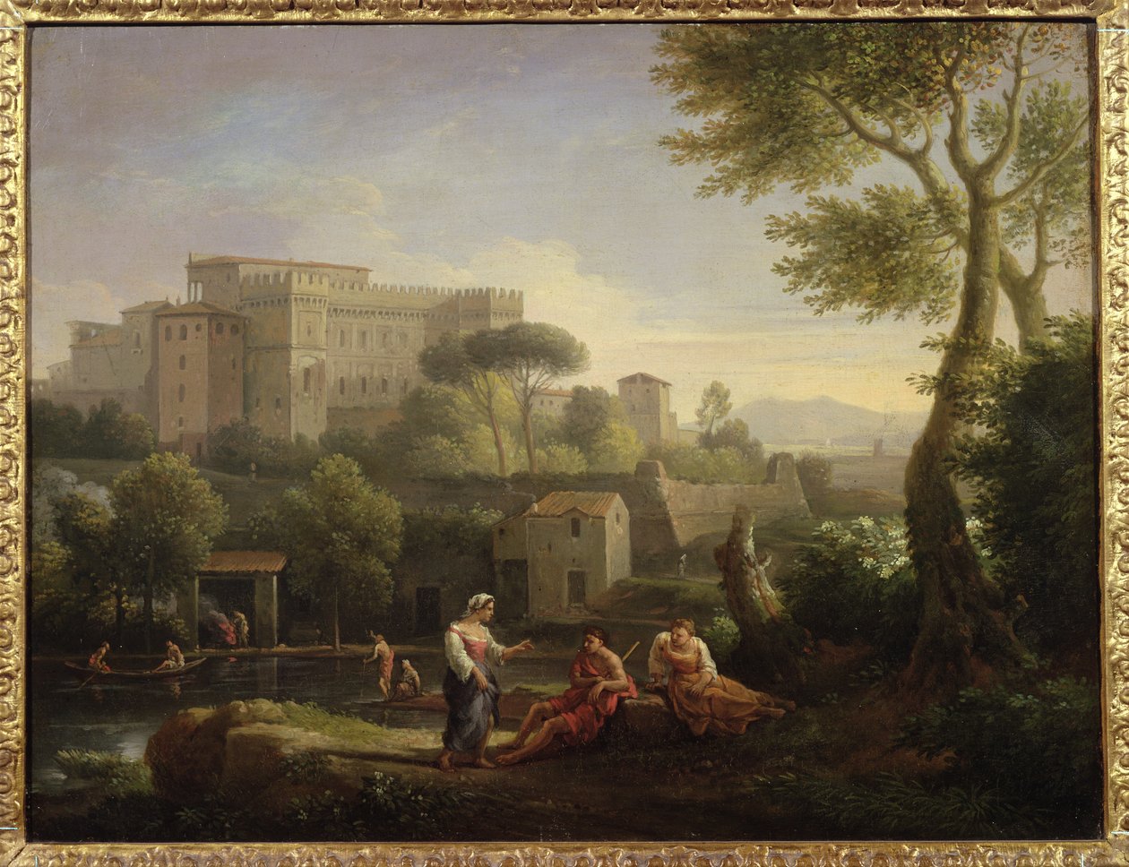 Táj alakokkal és egy erőddel a folyó mellett (81826-os pár) alkotó: Jan Frans van Bloemen