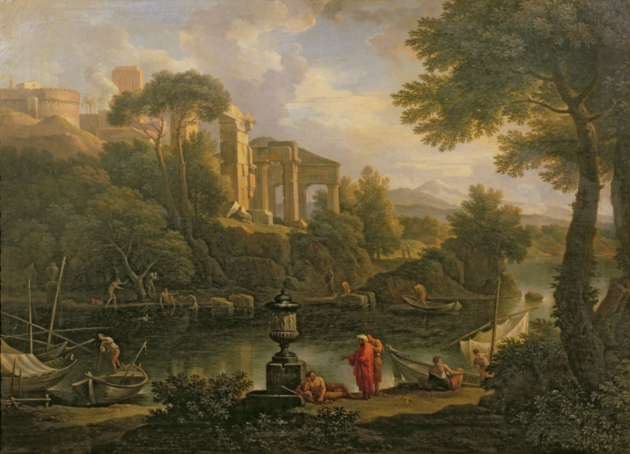 Tájkép alakokkal egy medence mellett, romokkal a háttérben alkotó: Jan Frans van Bloemen