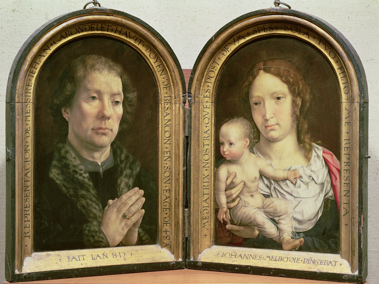 A Carondelet Diptichon; (LtoR) Jean Carondelet (1469-1545) portréja, a Besancon Church dékánja és V. Károly tanácsosa; Madonna és gyermeke, 1517 (lásd még: 210362 és 210363) alkotó: Jan Gossaert
