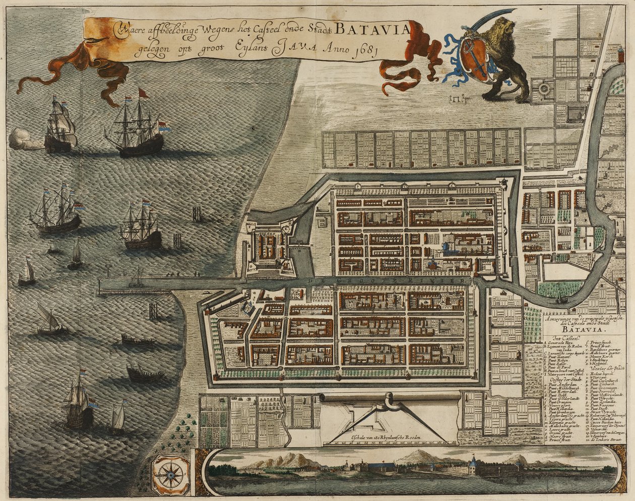 A vár és Batavia városa térképe, Jáva szigetén (ma Jakarta, Indonézia) alkotó: Jan Janssonius