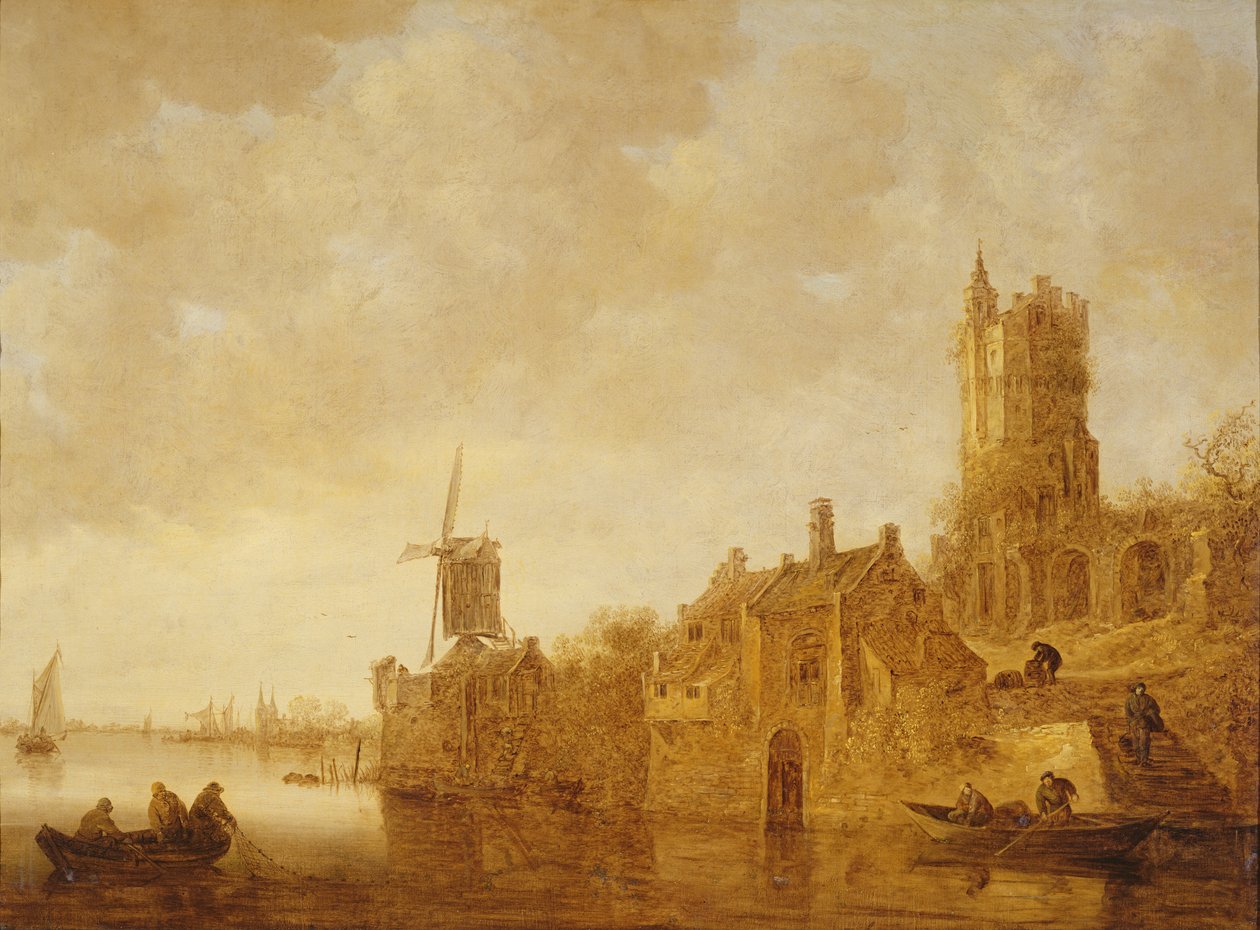 Folyami táj szélmalommal és várromokkal, 1644 alkotó: Jan Josephsz van Goyen