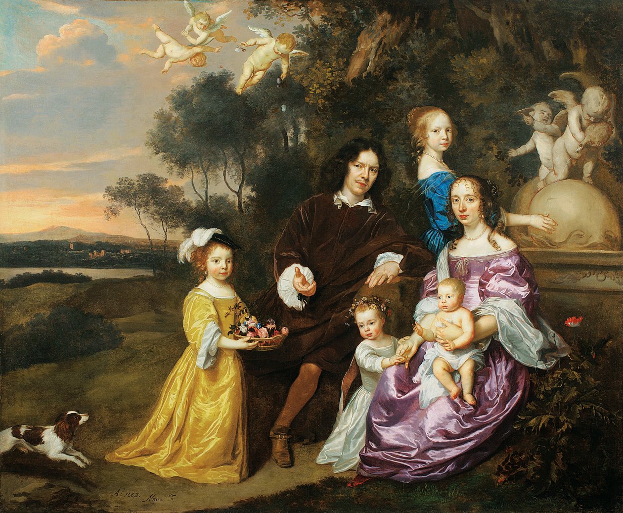 Családi csoport portréja egy díszkút mellett, lelkipásztori tájon, 1663 alkotó: Jan Mytens or Mijtens