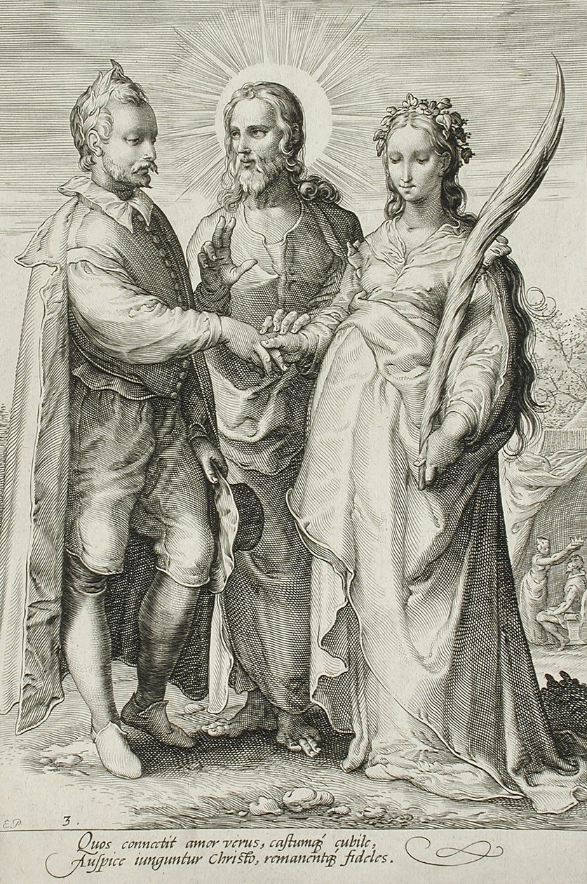A keresztény házasság, A házasság-trilógia 3. táblája, 1594 körül. alkotó: Jan Saenredam