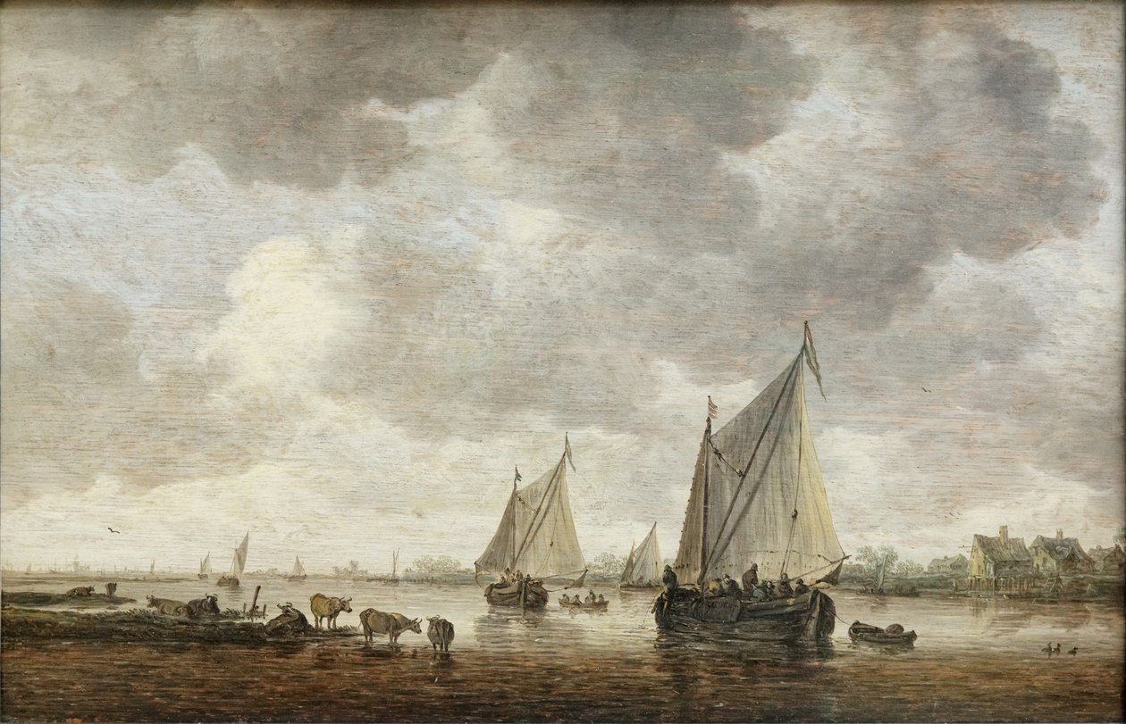 Két nagy vitorlás hajó a folyón és szarvasmarha a part közelében alkotó: Jan Josephsz van Goyen