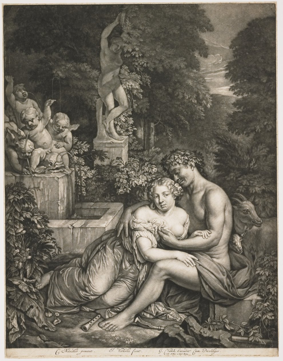 Pan és Pomona, 1685 körül (mezzotint) alkotó: Jan Verkolje