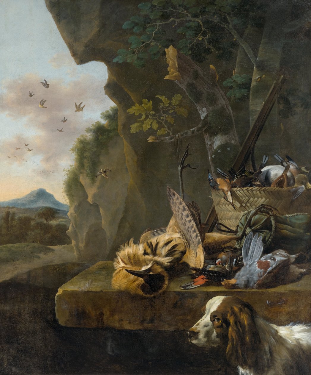 Vadászat csendélet keserűvel és kutyával egy tájban alkotó: Jan Baptist Weenix