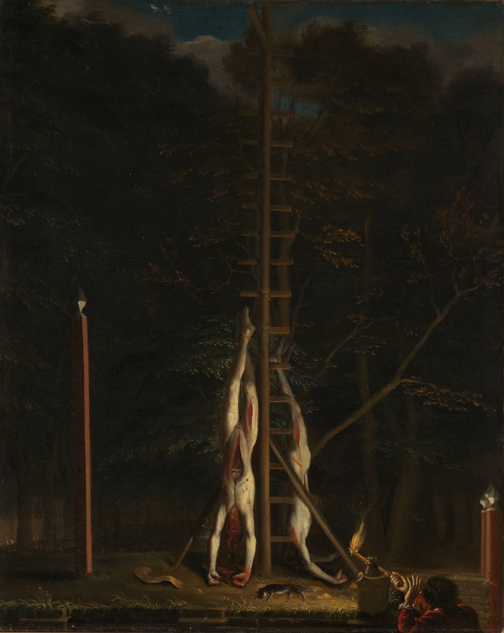 De Witt testvérek holttestei a Groene Zoodje -n, a hágai Lange Vijverbergben, 1672. augusztus 20 -án alkotó: Jan de Baen