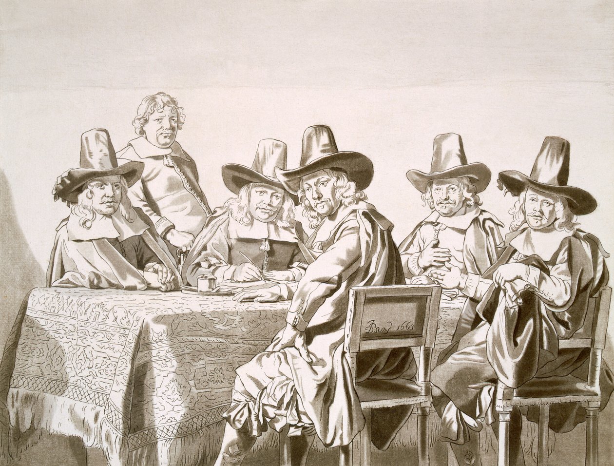 A városra érdemes vagy hasonló bizottság tizenhetedik századi ülése asztal körül, 1663-ból alkotó: Jan de Bray