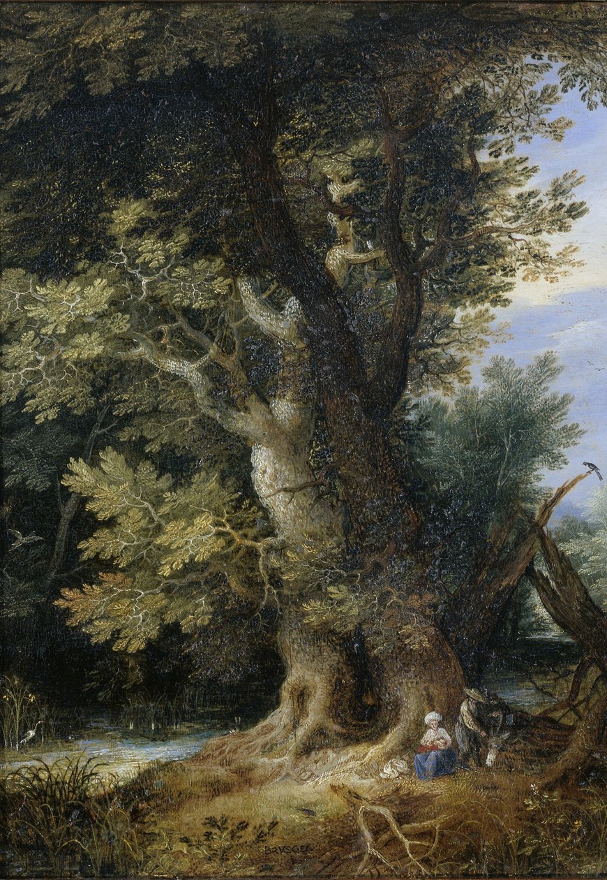 Pihenés az egyiptomi repülésen, 1600-99 (olaj rézre) alkotó: Jan the Elder after Brueghel