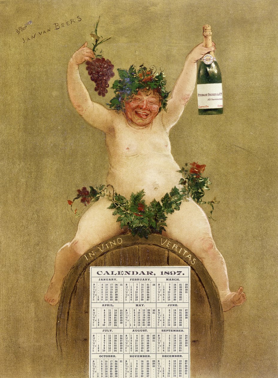 A Pfungst Freres pezsgő reklámnaptára, amely egy hordón ülő Bacchust ábrázol, rajta az "In Vino Veritas" felirattal, 1897. alkotó: Jan van Beers