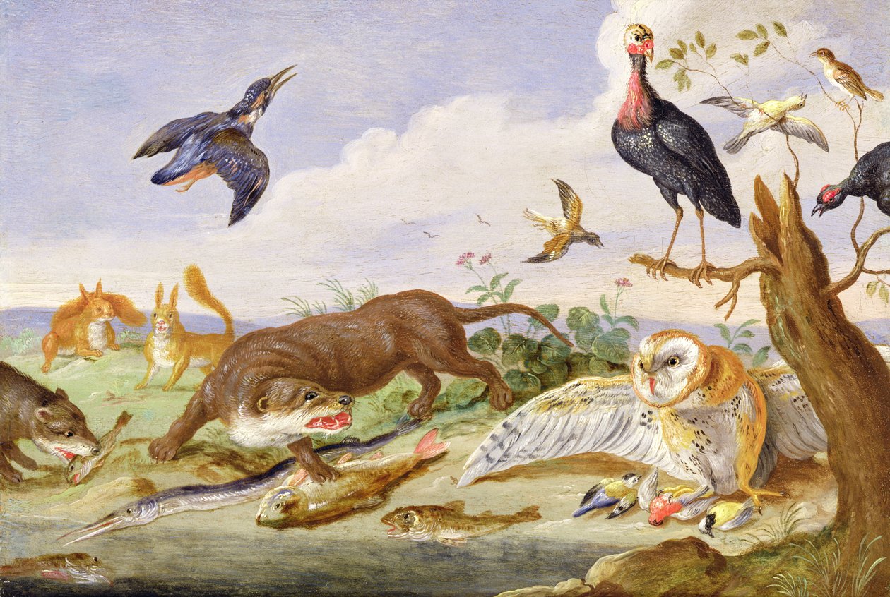 Egy vidra és egy bagoly őrzi fogásaikat (olaj, réz) alkotó: Jan van Kessel the Elder