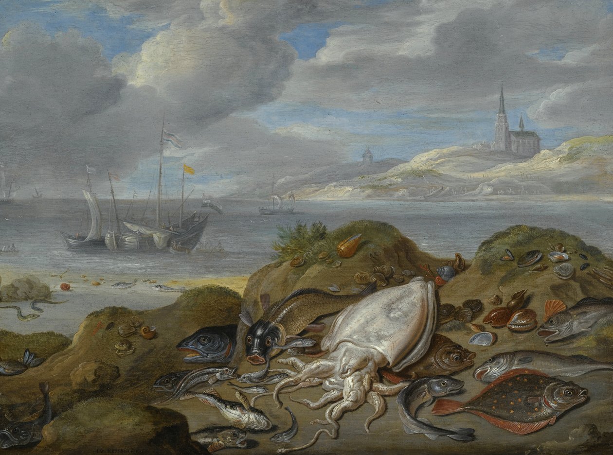 Csendélet tintahallal, sima lepényhal, tőkehal, kagyló és más halak egy dűnén, egy templom a torkolaton túl alkotó: Jan van Kessel the Elder