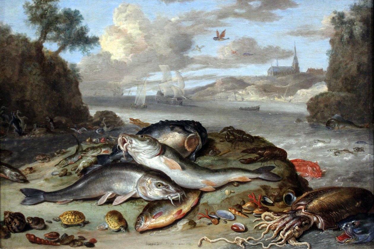 Csendélet halakkal és tengeri állatokkal egy tengerparti tájon alkotó: Jan van Kessel the Elder