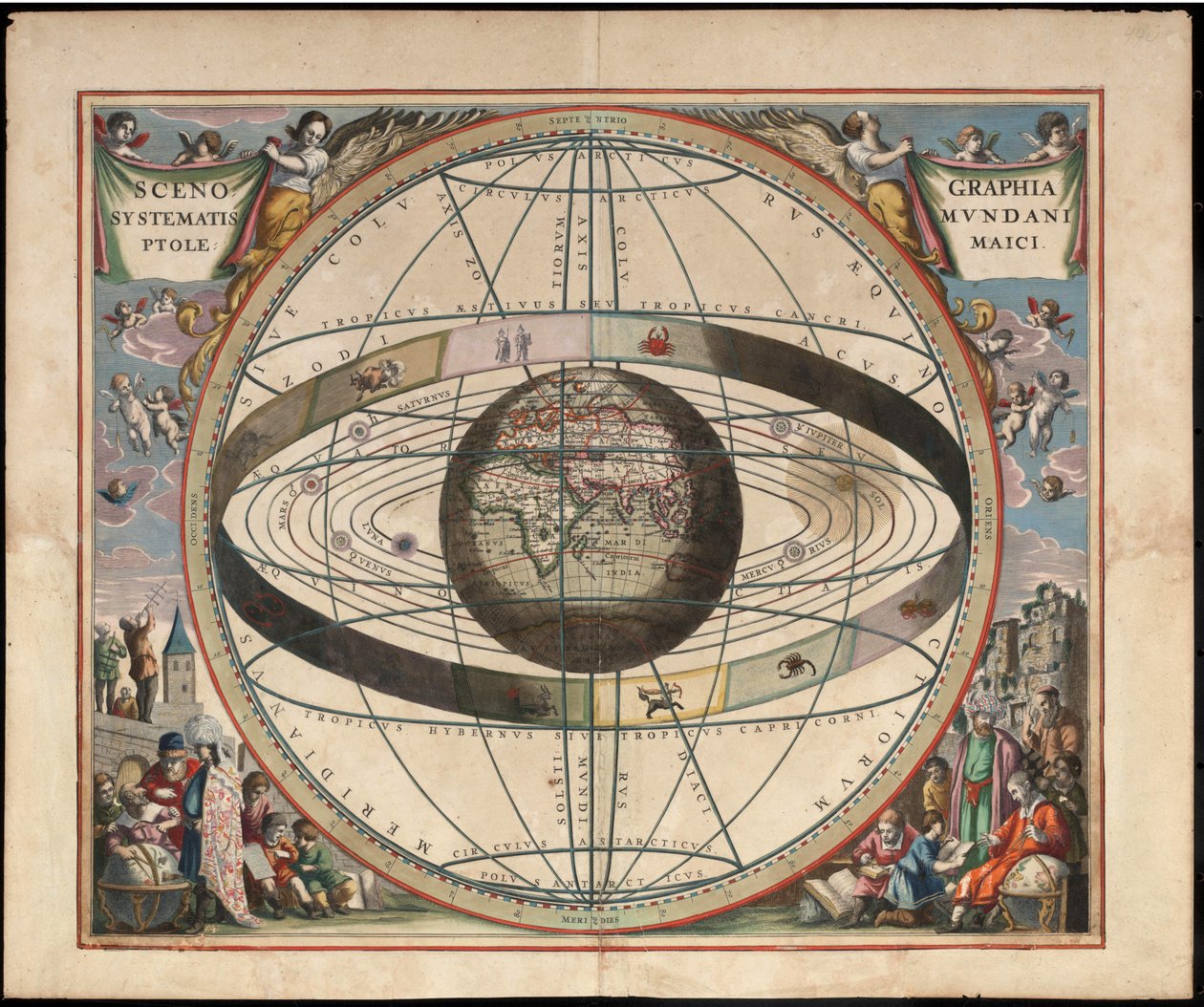 Andreas Cellarius Harmonia Macrocosmica -tól, 1660/61. Diagram, amely az állatöv és a Naprendszer jeleit mutatja, a világ a középpontban. 2. lemez alkotó: Jan van Loon  