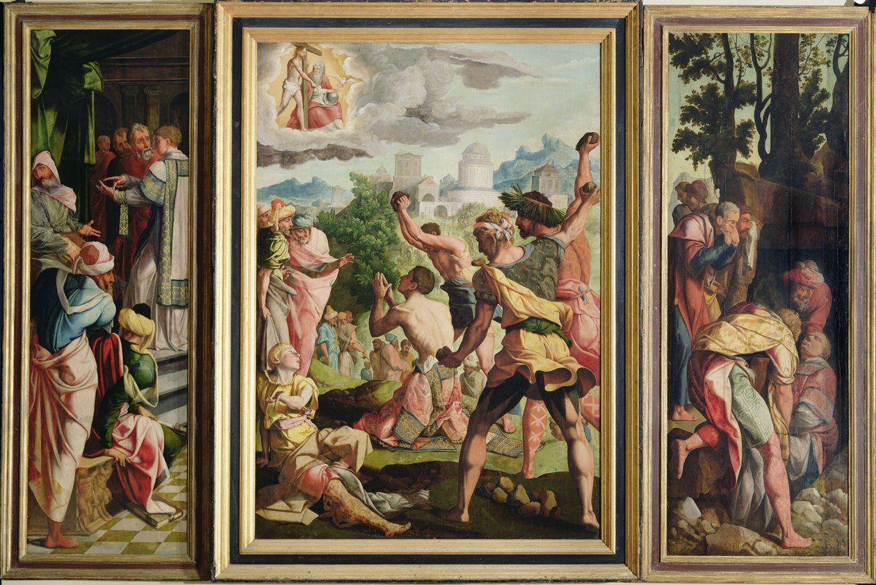Szent István prédikációja, megkövezése és temetése, Szent István és Nagy Szent Jakab poliptichonjából, 1541 körül alkotó: Jan van Scorel