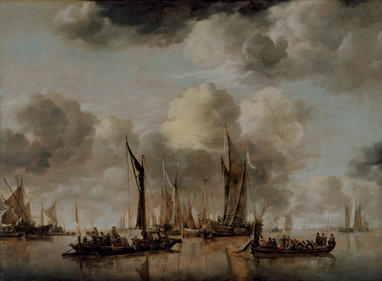Egy holland jacht tisztelgést tüzel, amikor egy bárka elvonul, 1650 alkotó: Jan van de Capelle or Cappelle