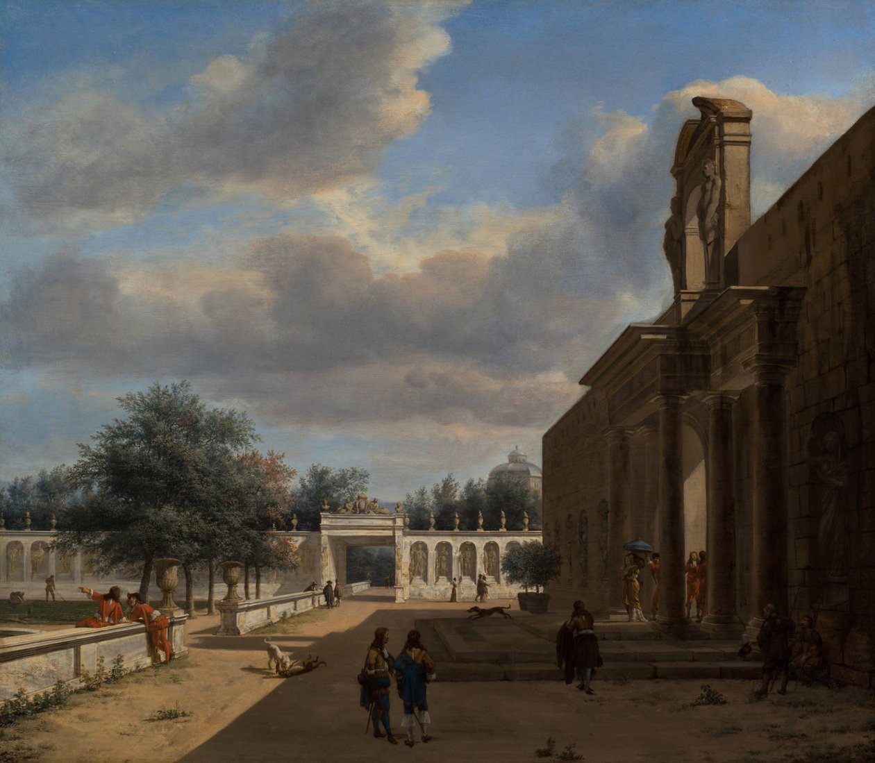 Palotai kert, a jobb oldali palotából kirajzolódó figurákkal alkotó: Jan van der Heyden