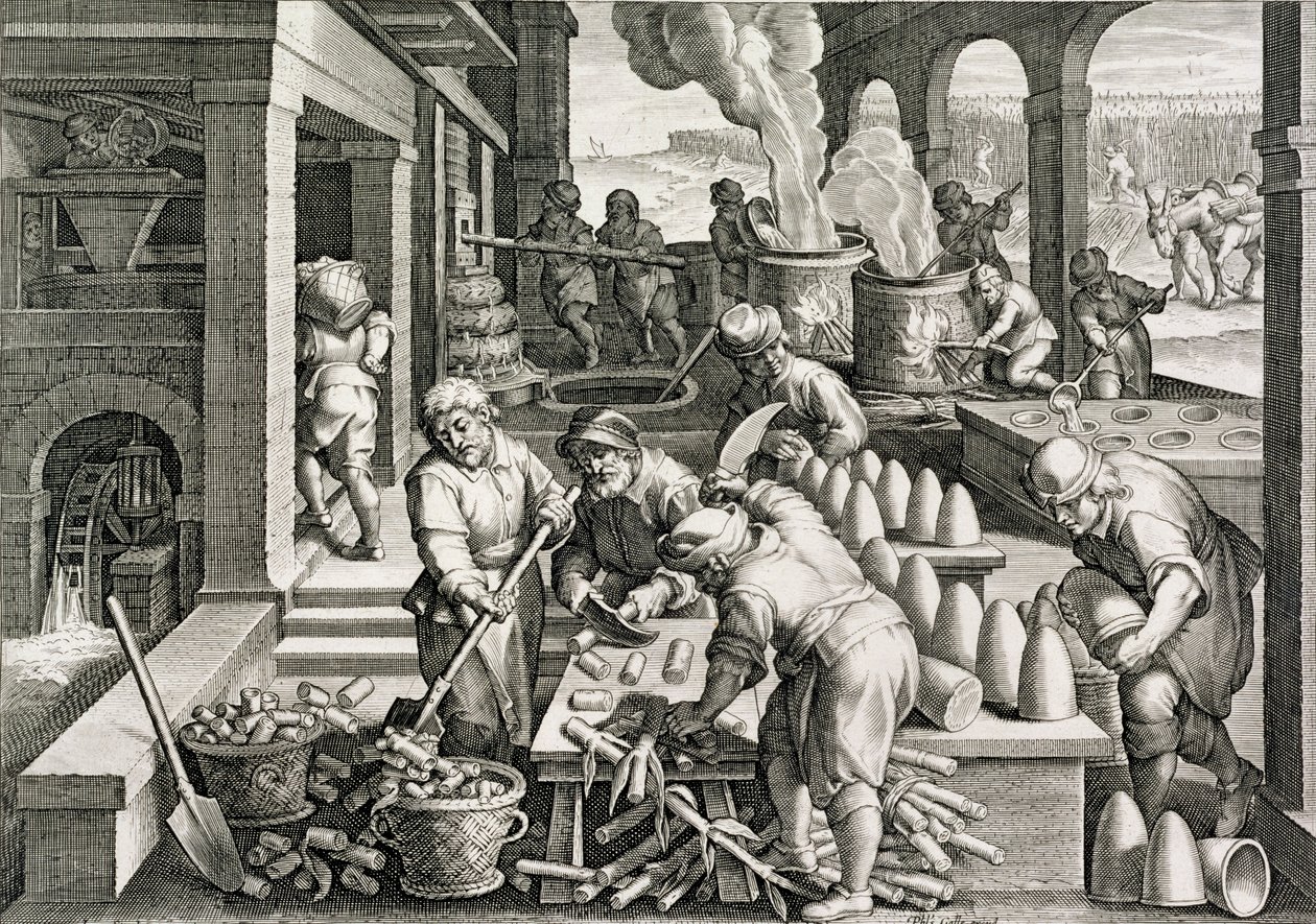 Egy cukormalom és a cukorcipők gyártása, 14. tábla a „Nova Reperta”-ból (Új felfedezések), Philip Galle (1537-1612) metszetével 1600 körül (lásd még: 320917) alkotó: Jan van der Straet