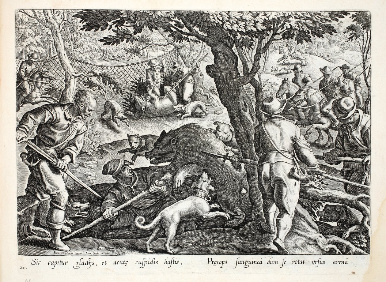 Medvevadászat, amelyen egy szőrös medve éles karmaival az egyik vadászba süllyeszti, illusztráció a „Venationes, Ferarum, Avium, Piscium” (A vadászatról: Vadállatok, madarak, halak) című könyvből, Jan Collae metszet alkotó: Jan van der Straet