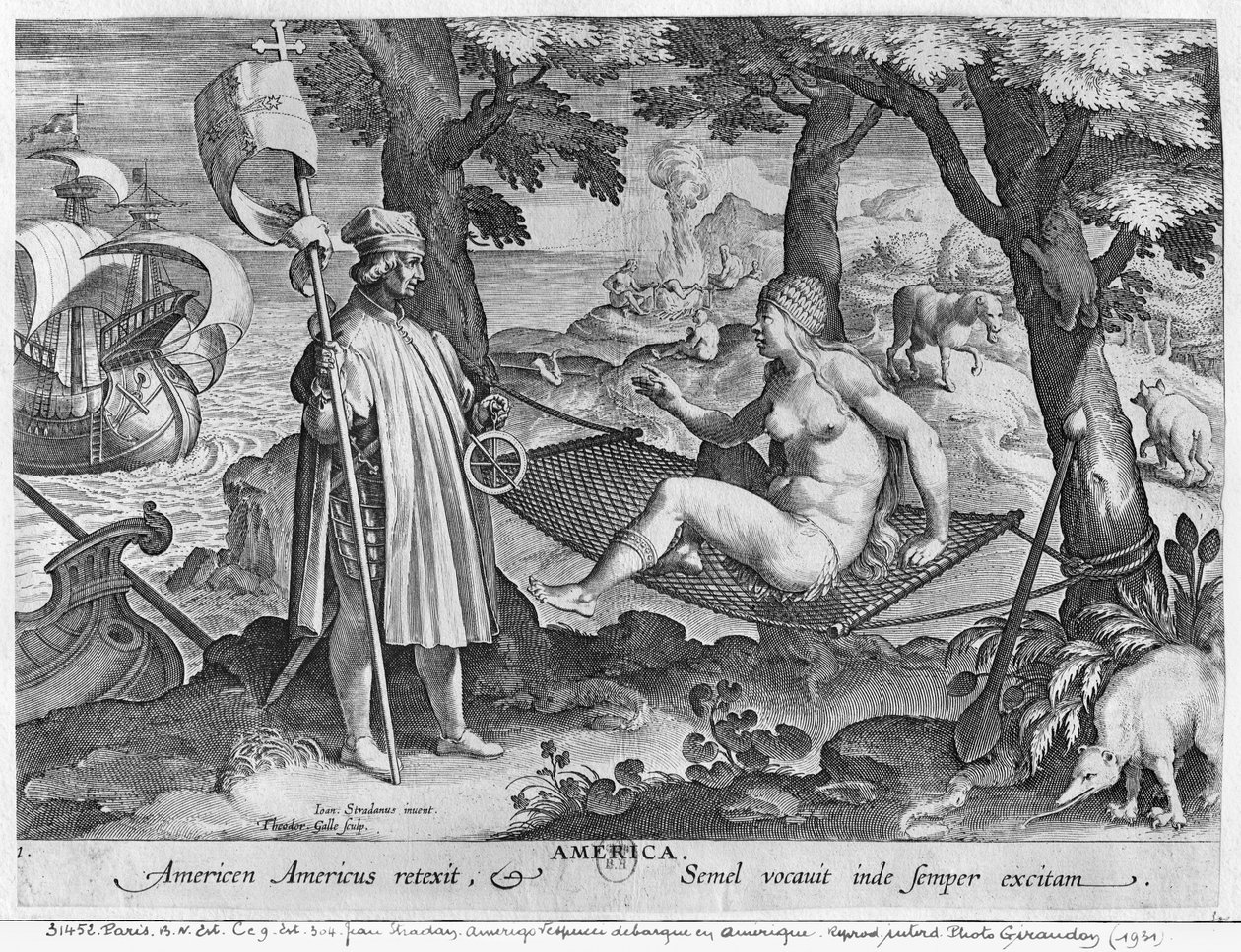Amerigo Vespucci (1454-1512) partraszállás Amerikában, metszett Theodor Galle (1571-1633) alkotó: Jan van der Straet