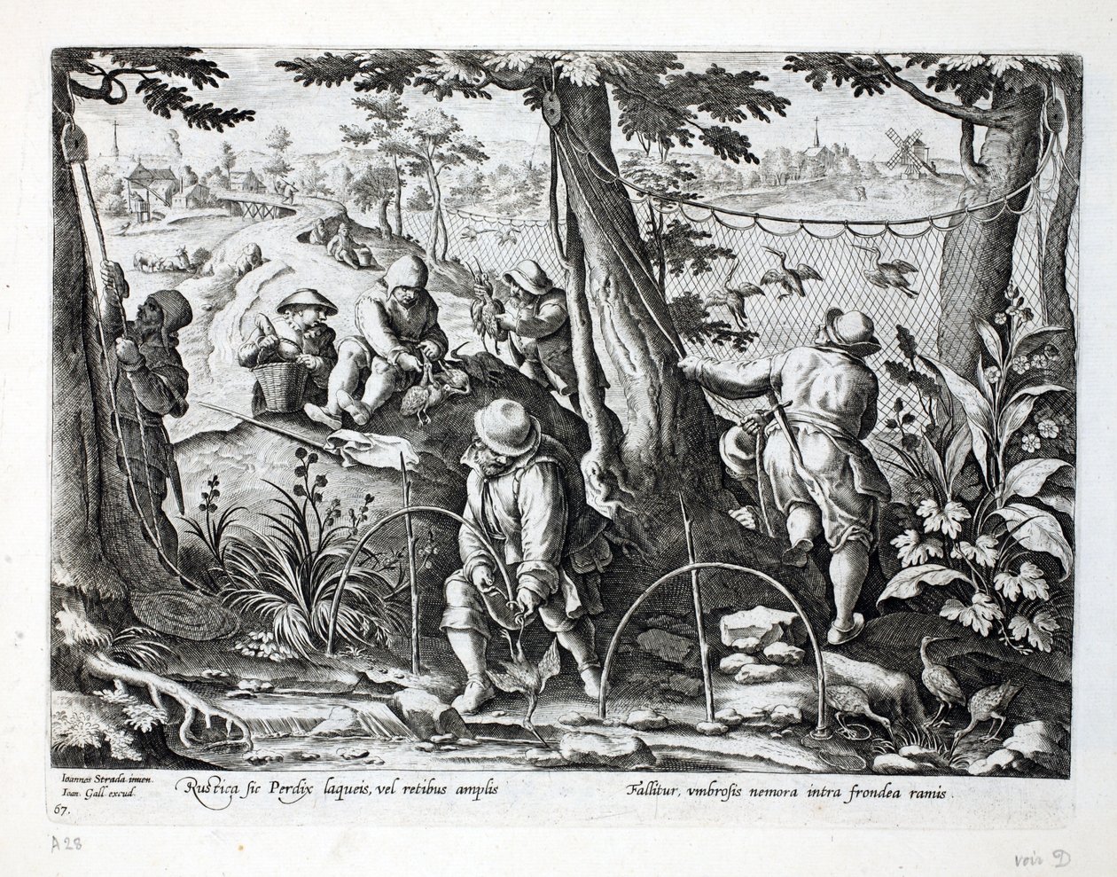 Madárfogók csapdákkal fogoly fogására, illusztráció a „Venationes, Ferarum, Avium, Piscium” (Vadászatról: Vadállatok, madarak, halak) című könyvből, vésette Jan Collaert (1566-1628), pub. írta: Phillipus Gal alkotó: Jan van der Straet