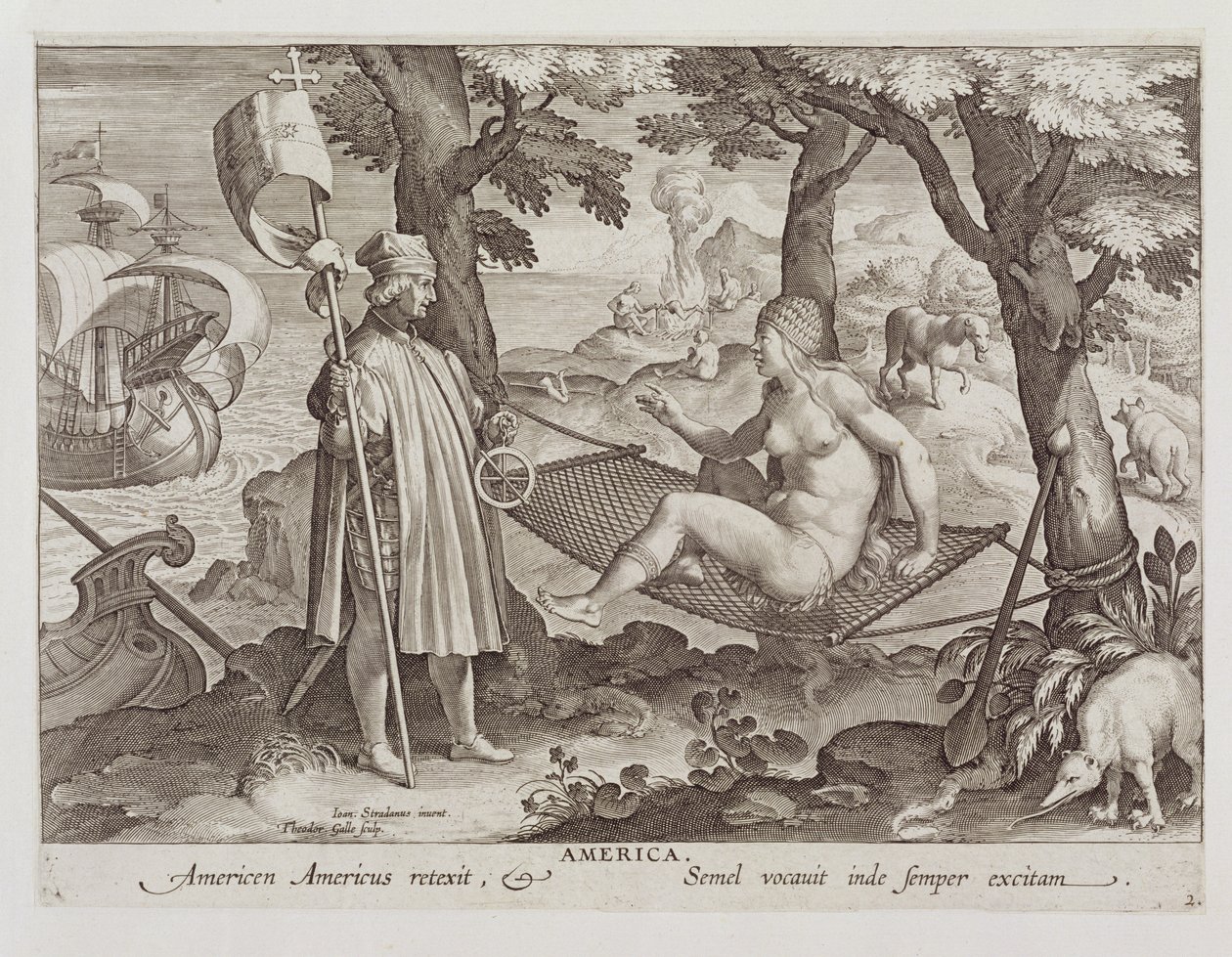 Kolumbusz felfedezi Amerikát, 2. tábla a "Nova Reperta" (Új felfedezések) metszetéből, Theodor Galle (1571-1633), 1600 körül. alkotó: Jan van der Straet