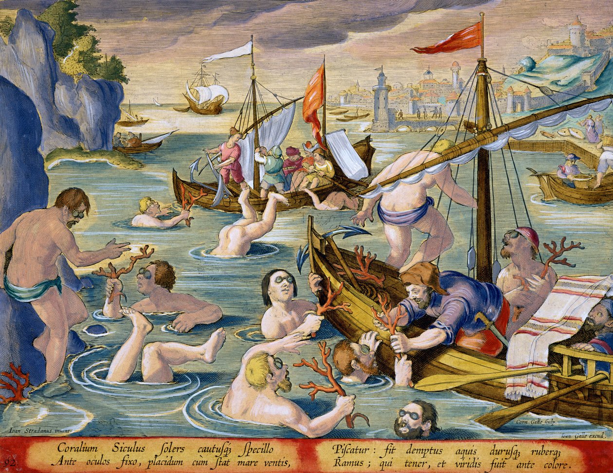 Búvárkodás korallra, 92-es tábla a „Venationes Ferarum, Avium, Piscium” (Vadászatról: Vadállatok, madarak, halak) anyagából, Jan Collaert (1566-1628) metszete, az amszterdami Phillipus Gallaeus (kézkolo) alkotó: Jan van der Straet