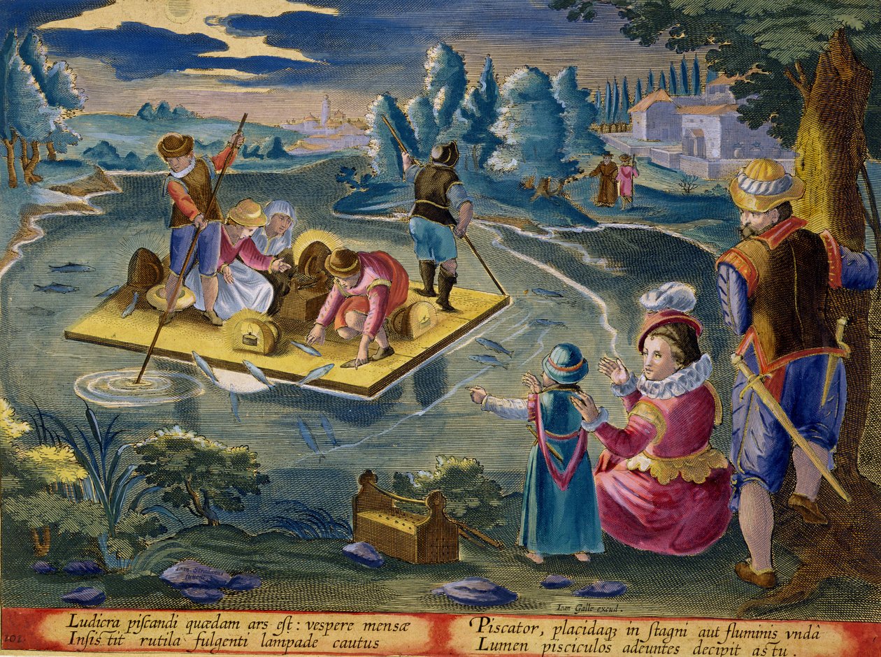 Éjszakai horgászat a tavon, 101-es tábla a „Venationes Ferarum, Avium, Piscium” (Vadászatról: Vadállatok, madarak, halak) anyagából, Jan Collaert (1566-1628) metszetével, az amszterdami Phillipus Gallaeus kiadásában alkotó: Jan van der Straet