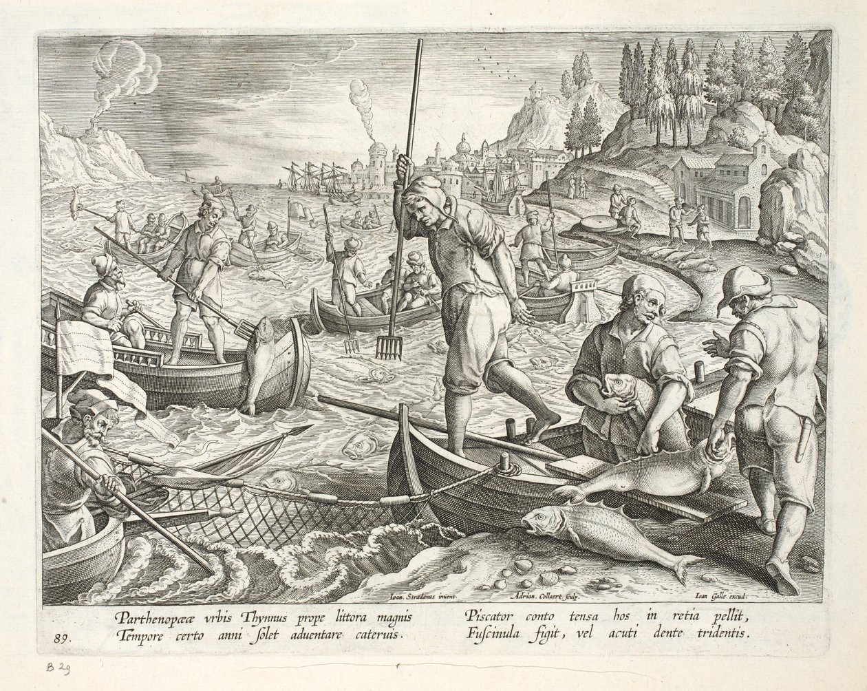 Halászat hálókkal és háromágúkkal a Nápolyi-öbölben, 89. tábla, illusztráció a „Venationes, Ferarum, Avium, Piscium” (A vadászatról: Vadállatok, madarak, halak) című könyvből, metszett: Jan Collaert (1566-1628), kocsma alkotó: Jan van der Straet