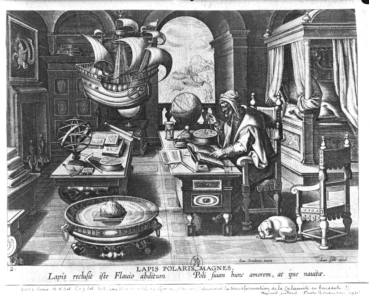 Flavio Gioia of Amalfi felfedezi a Lodestone hatalmát, a Nova Reperta (Új felfedezések) 3. táblája, Philip Galle (1537-1612) metszete 1600 körül alkotó: Jan van der Straet