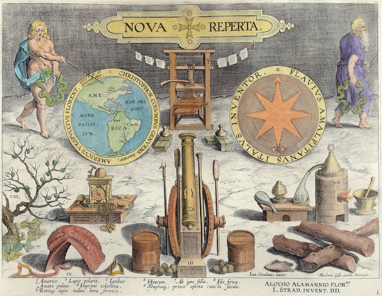 Theodor Galle (1571-1633) által metszett „Nova Reperta” (új felfedezések) előlapja 1600 körül (későbbi színezés) alkotó: Jan van der Straet