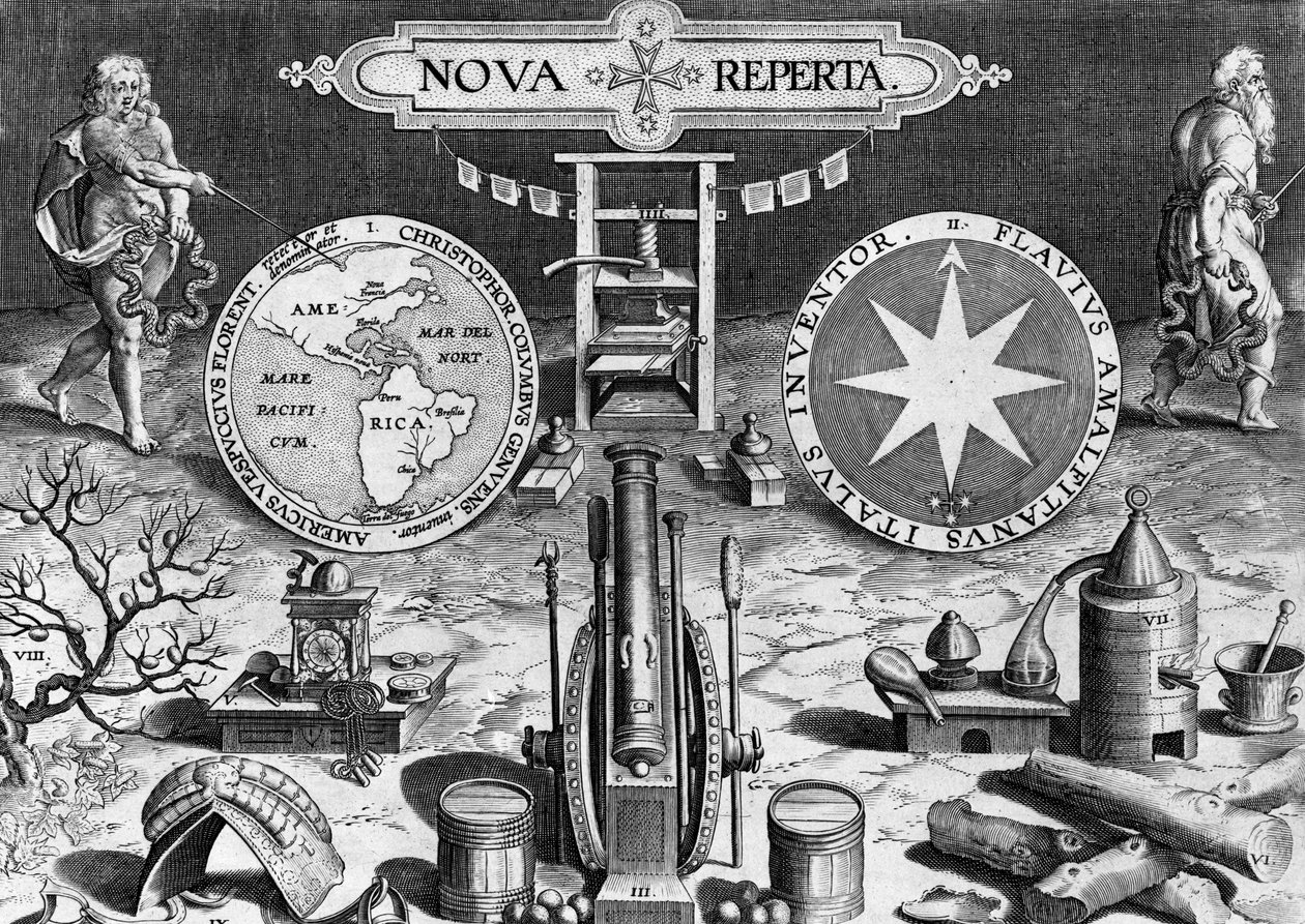 A "Nova Reperta" címlapképe, Theodor Galle metszete, 1580-1605 körül. alkotó: Jan van der Straet