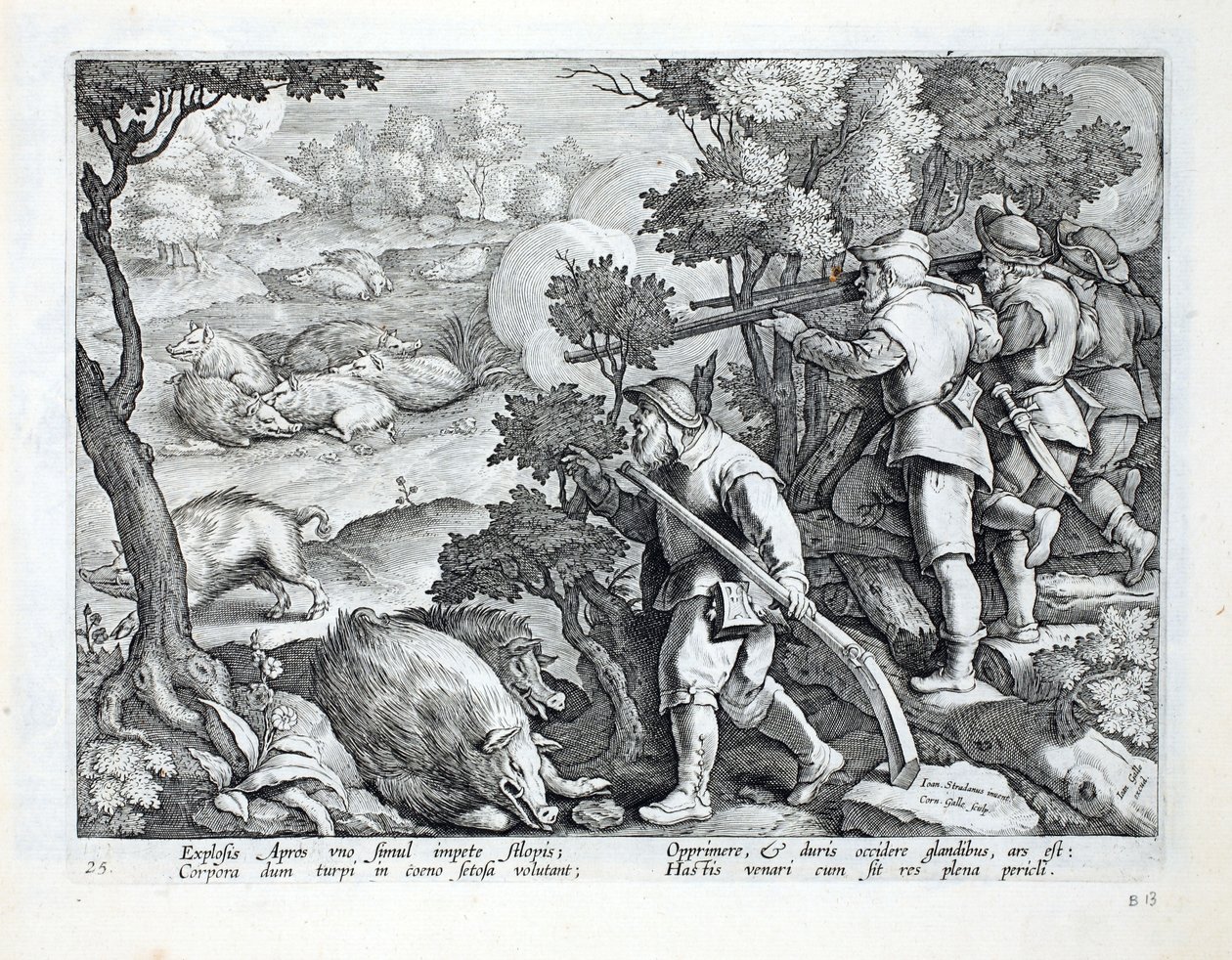 Vadászok puskával lövik le a sárban fetrengő vaddisznót, illusztráció a "Venationes, Ferarum, Avium, Piscium" (A vadászatról: vadállatok, madarak, halak) című könyvből, metszet: Jan Collaert (1566-1) alkotó: Jan van der Straet