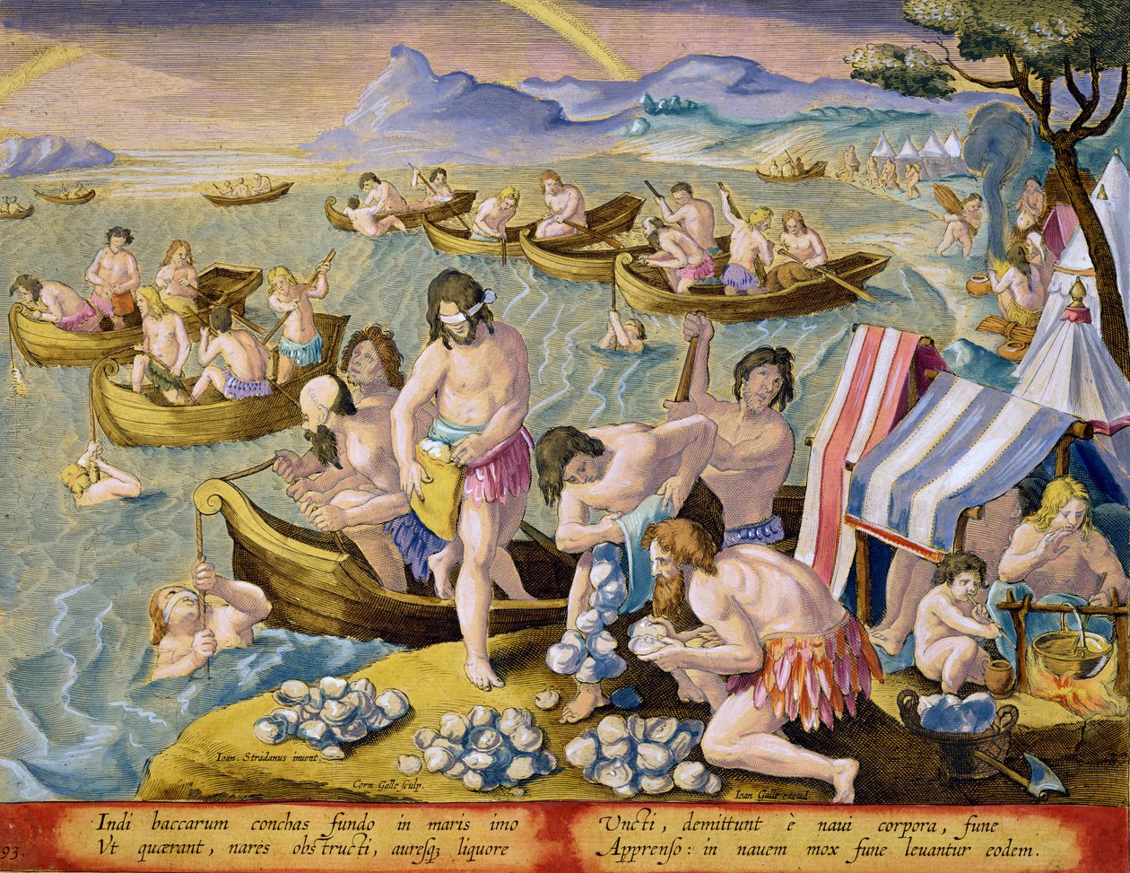 Gyöngyért búvárkodó indiánok, 93-as tábla a „Venationes Ferarum, Avium, Piscium” (Vadászatról: Vadállatok, madarak, halak) anyagából, Jan Collaert (1566-1628) metszete, az amszterdami Phillipus Gallaeus ( alkotó: Jan van der Straet