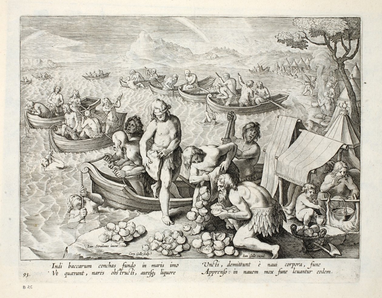 Gyöngyért búvárkodó indiánok, 93. tábla, illusztráció a „Venationes, Ferarum, Avium, Piscium” (Vadászatról: Vadállatok, madarak, halak) című könyvből, vésette: Jan Collaert (1566-1628), kocsma. írta: Phillipus Gallaeus, A alkotó: Jan van der Straet