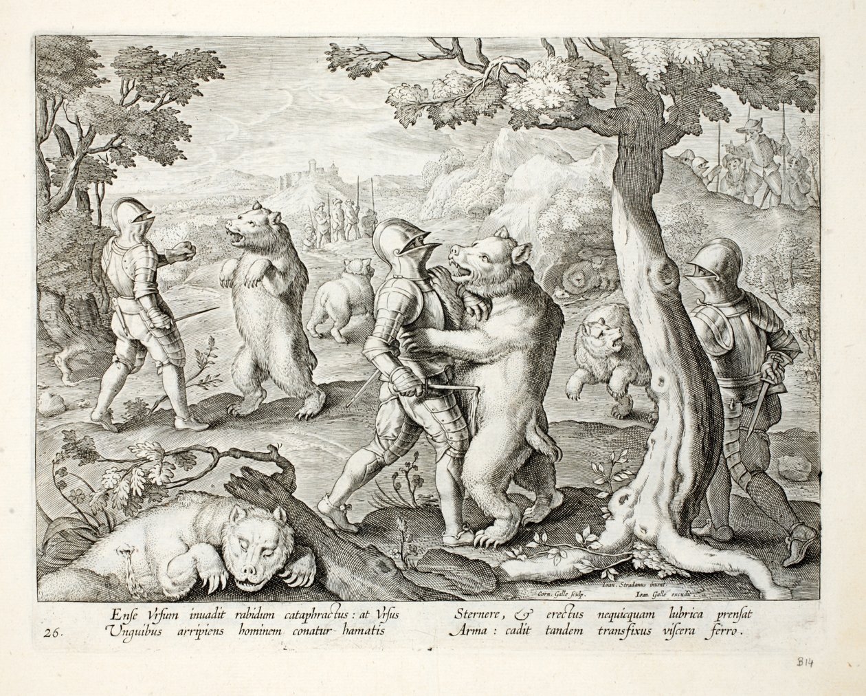 A nehézpáncélos férfiak életfontosságú szúrással támadják meg a medvéket, illusztráció a „Venationes, Ferarum, Avium, Piscium” (A vadászatról: Vadállatok, madarak, halak) című könyvből, Jan Collaert (1566-1628) metszetében, p. alkotó: Jan van der Straet