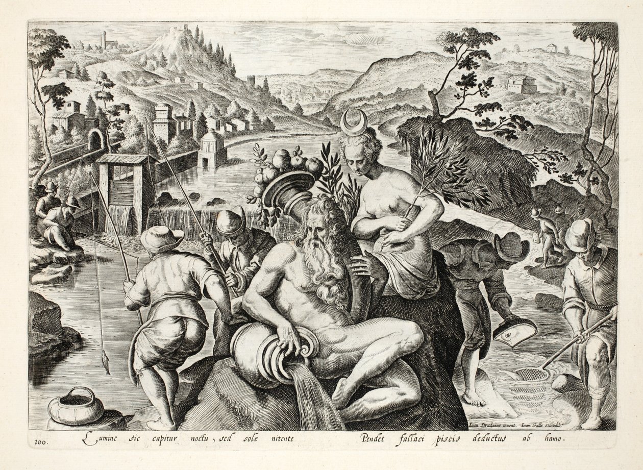 Halfogás horgászbottal, illusztráció a „Venationes, Ferarum, Avium, Piscium” (Vadászatról: Vadállatok, madarak, halak) című könyvből, metszett: Jan Collaert (1566-1628), kocsma. írta: Phillipus Gal alkotó: Jan van der Straet