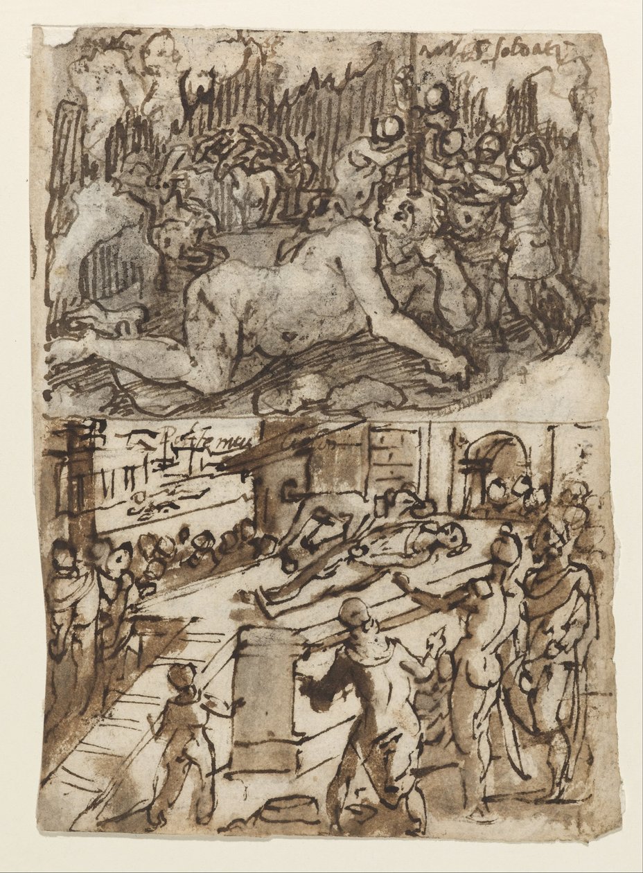 Recto Title- A vázlatfüzet két jelenetét bemutató oldala, az egyik a Cyclops Blinding. alkotó: Jan van der Straet
