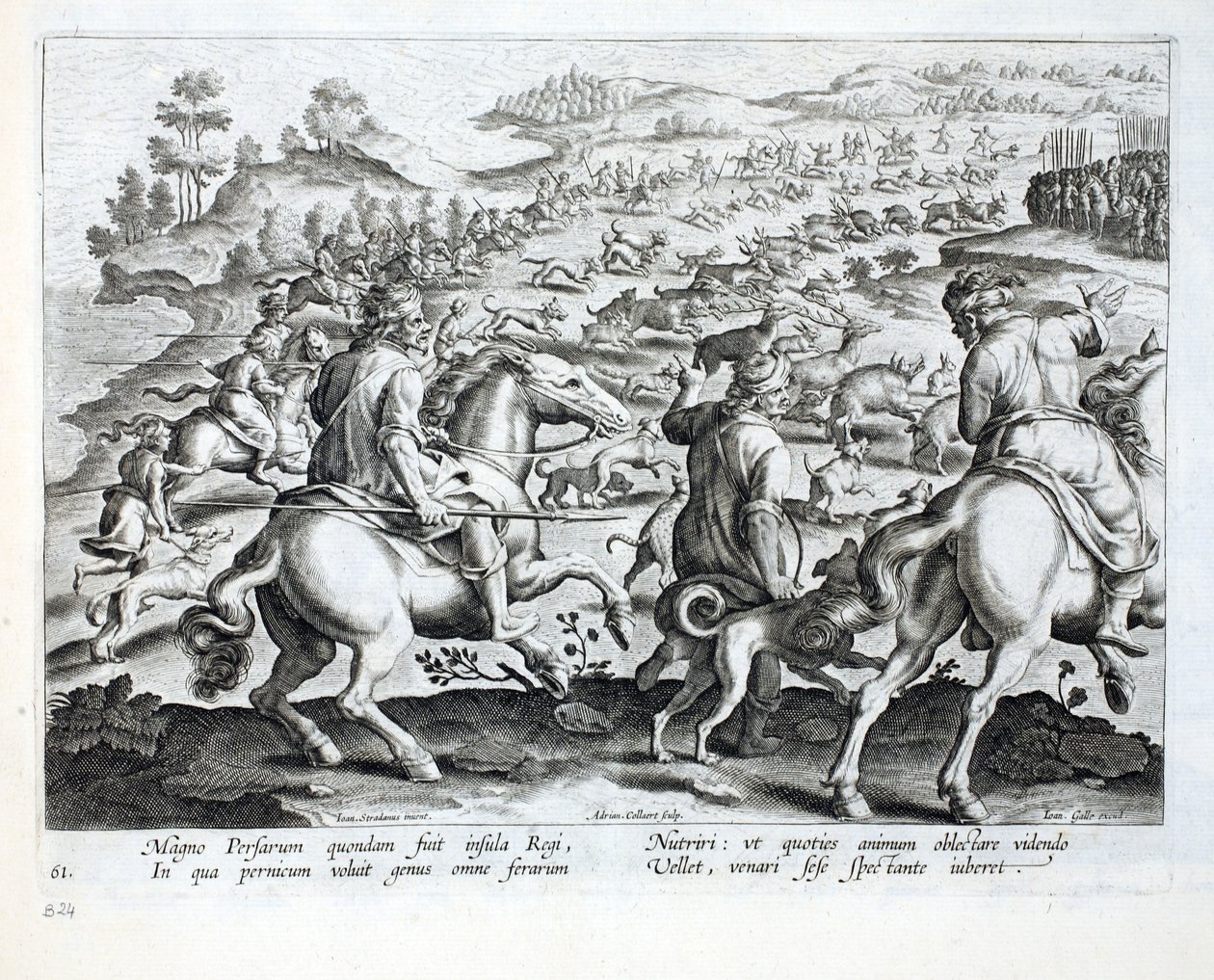 Perzsia uralkodója, aki parancsot ad a „vadászatra”, illusztráció a „Venationes, Ferarum, Avium, Piscium” (A vadászatról: Vadállatok, madarak, halak) című könyvből, Jan Collaert (1566-1628), kocsma. írta: Phillipus Gall alkotó: Jan van der Straet