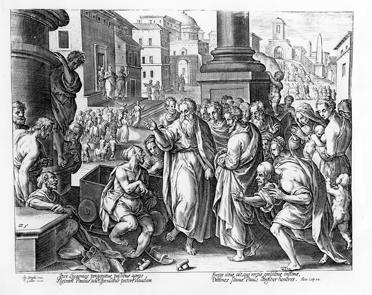 Szent Pál és Barnabás prédikál Lisztrában, P. Galleus metszete alkotó: Jan van der Straet
